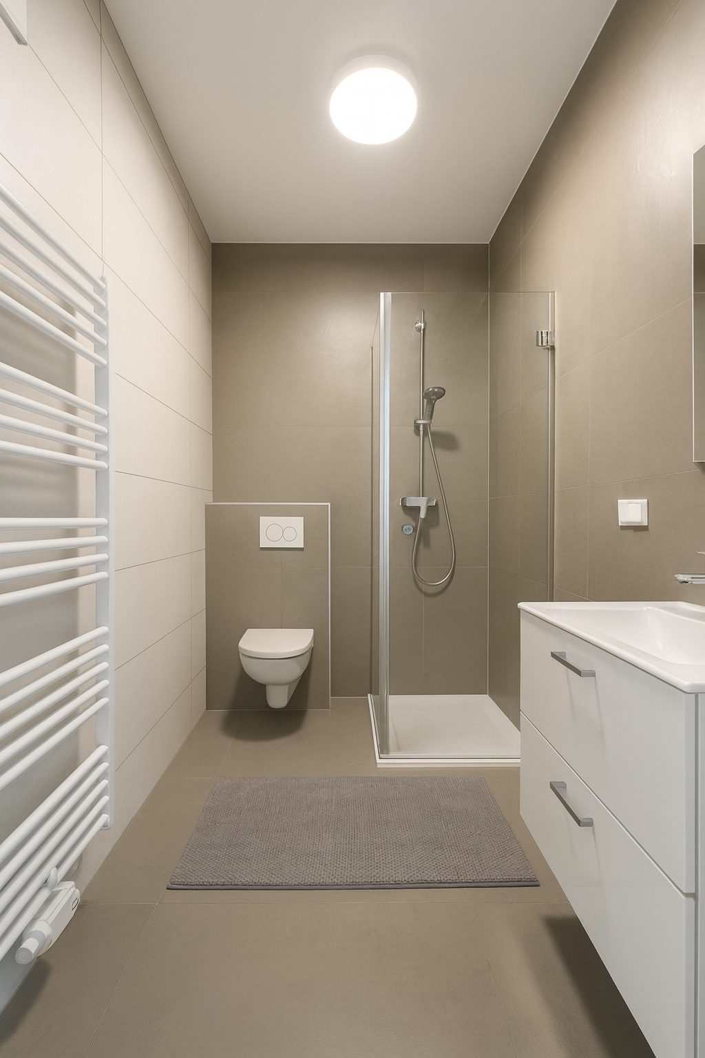 Modernes Badezimmer mit ebenerdiger Dusche, Waschbecken und Handtuchwärmer
