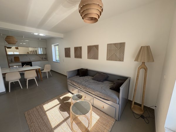 Wohnzimmer mit Schlafsofa und offener Küche